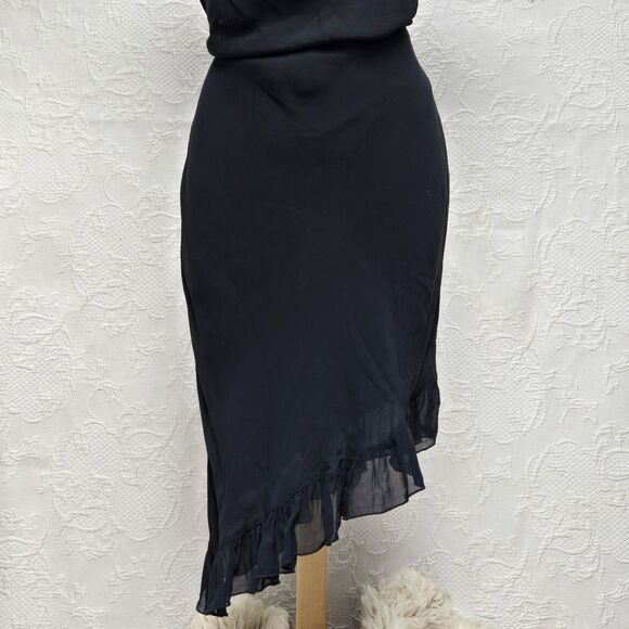 Sexy Sheer Little Black Dress Emily D Small Low Cowl Asymmetric Ruffle Skirt Tie - Picture 3 of 15